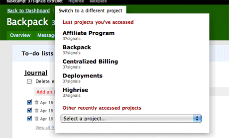 basecamp project switcher